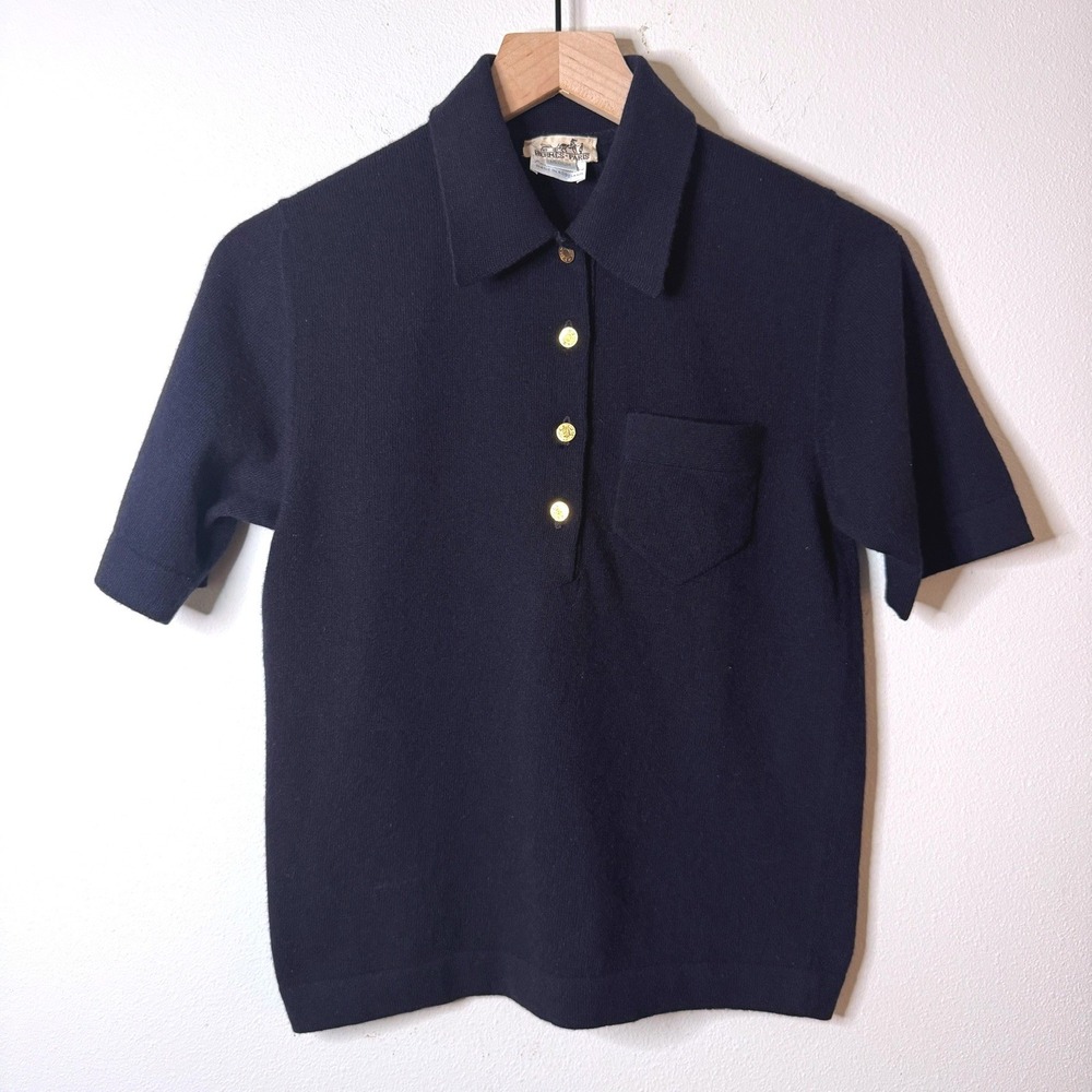 Hermes Vintage Womens Navy 100% Pure‎ Cashmere Short Sleeve Polo Sweater RTW Med
